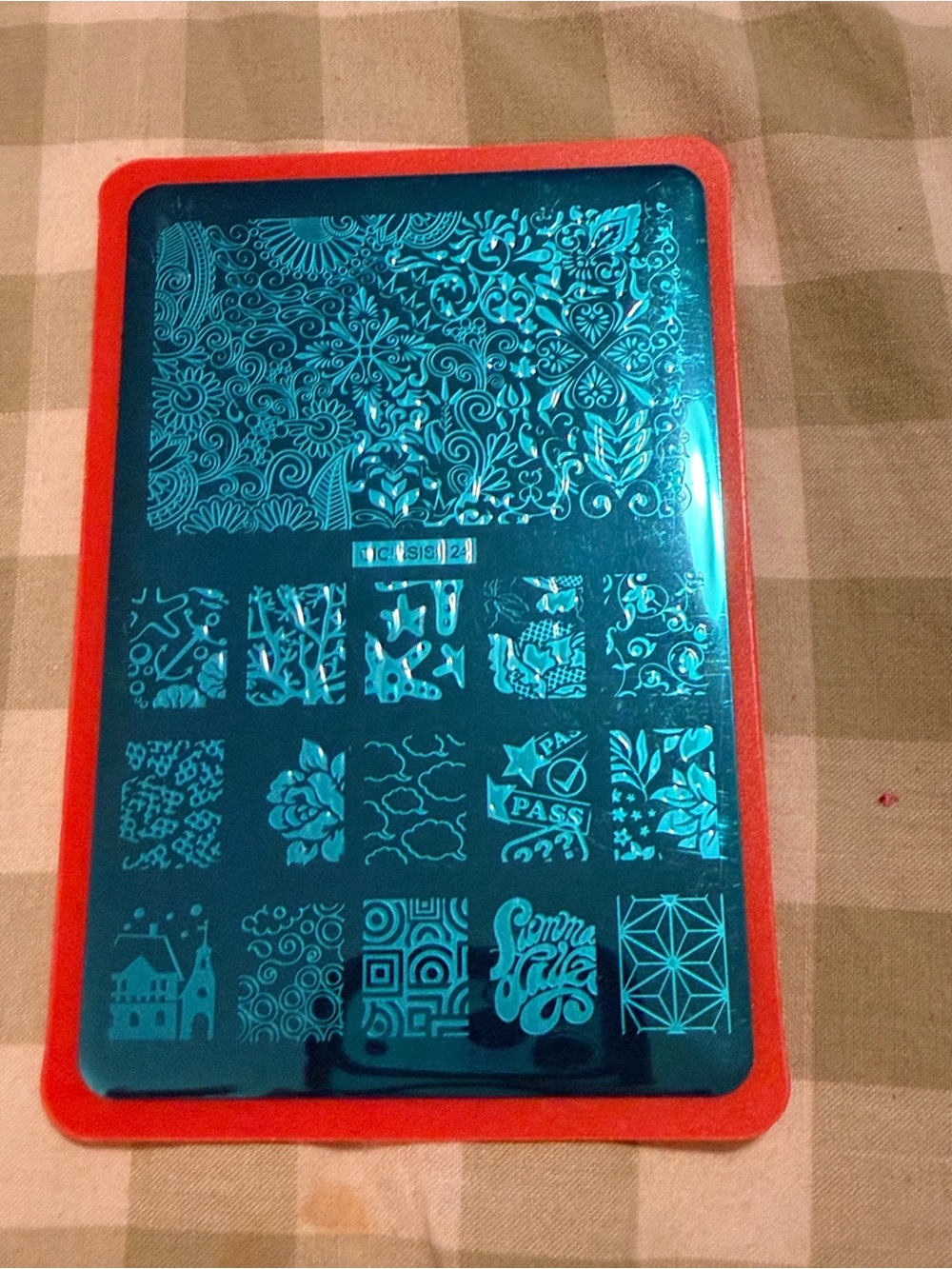 Blue Nail Art Stamping Plate with Red Protective Frame